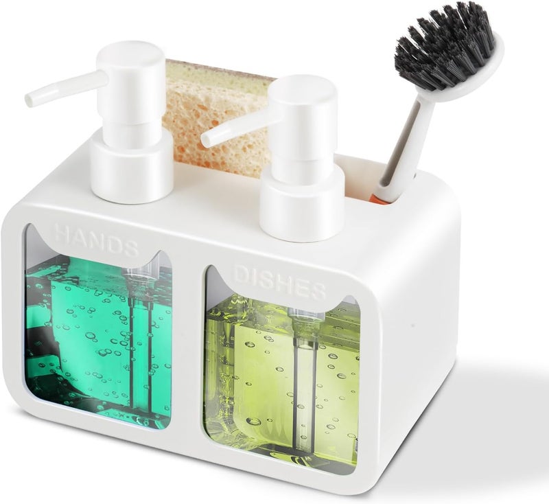 Eavida Kitchen Soap Dispenser Set, with Hand and Dish Soap, Sponge Caddy and Brush Holder 4-in-1 Kitchen Dual Soap Dispenser Set for Kitchen Sink, Bathroom - White - Image 1